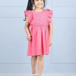 Hola Bonita Girls Self Design Flutter Sleeves Schiffli Fit & Flare Dress-image-13