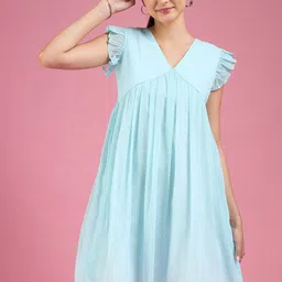 DressBerry Turquoise Blue Self Design V-Neck Flutter Sleeves Pleated Dobby A-Line Dress-image-81
