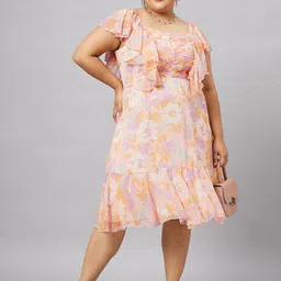 Antheaa Curve Plus Size Floral Printed Square Neck Ruffles Chiffon A-Line Dress-image-60