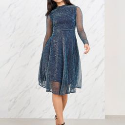 Styli Navy Blue Shimmer High Neck Fit & Flare Dress-image-16