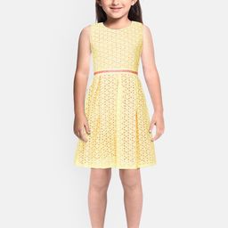 Peppermint Girls Yellow Self Design A-Line Dress-image-52
