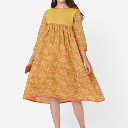 KALINI Floral Printed Three-Quarter Sleeves Cotton A-Line Dress-image-92