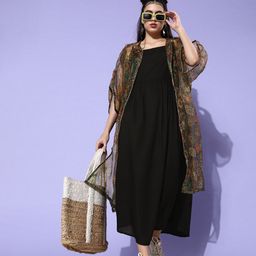 InWeave Black Floral Printed Shoulder Straps A-Line Dress With Ethnic Motifs Shrug-image-2