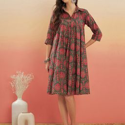 InWeave Ethnic Motifs Printed Shirt Collar A-Line Dress-image-67