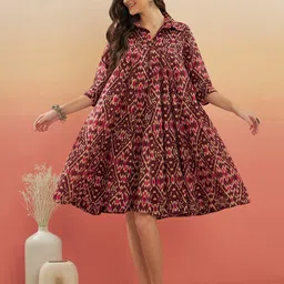 InWeave Ethnic Motifs Printed Shirt Collar Gather A-Line Dress-7