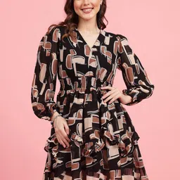 plusS Black Geometric Printed V-Neck Smocked Fit & Flare Dress-image-63