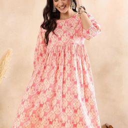 Anouk Peach-Coloured Geometric Printed Puff Sleeves Gathered Pure Cotton A-Line Dress-14