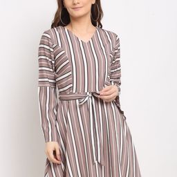 La Zoire Coffee Brown & White Striped Crepe Dress-image-19