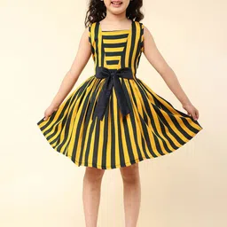 A T U N Mustard Yellow Striped Crepe Dress-image-22