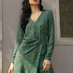 MANGO Green & Red Sustainable Paisley Print Satin Finish A-Line Dress-image-53