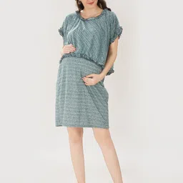 Mom For Sure by Ketki Dalal Women Sea Green Self Designed Cotton Maternity A-Line Dress-image-46
