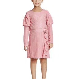 Peppermint Self Design Puff Sleeves Ruffles A-Line Dress-image-13