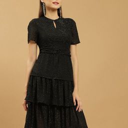 Beatnik Self Design Keyhole Neck A-Line Dress-image-86