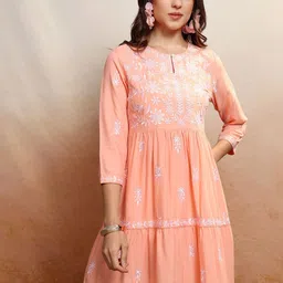 Vishudh Coral Floral Embroidered Keyhole Neck Gathered Fit & Flare Dress-image-95