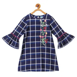 Miyo Girls Navy Blue & Grey Checked  & Embroidered A-Line Dress-image-96