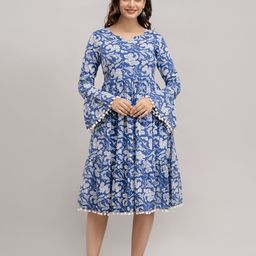 SHOOLIN Ethnic Motifs Print Bell Sleeve with Pom-Pom Detail Fit & Flare Dress-image-80