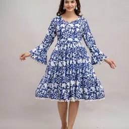 SHOOLIN Floral Print Bell Sleeve with Pom-Pom Detail Fit & Flare Dress-picture-24