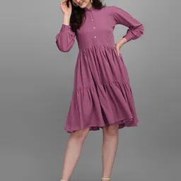 Kinjo Mandarin Collar Long Puff Sleeves Tiered Fit & Flare Dress-picture-41