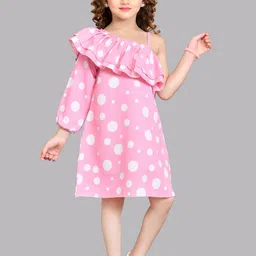 Pink Chick Girls Polka Dots Printed One Shoulder Puff Sleeves Ruffled Cotton A-Line Dress-image-98