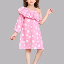 Pink Chick Girls Polka Dots Printed One Shoulder Puff Sleeves Ruffled Cotton A-Line Dress-image-68