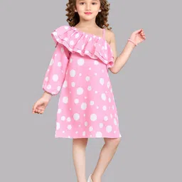 Pink Chick Printed One Shoulder Puff Sleeve Ruffled Cotton A-Line Dress-image-66