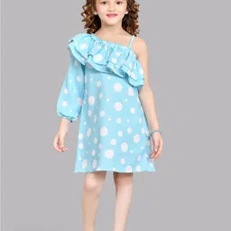 Pink Chick Polka Dot Printed One Shoulder Puff Sleeve Ruffled Cotton A-Line Dress-image-40