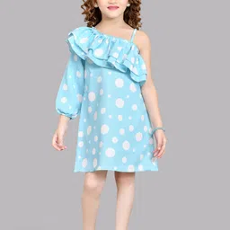 Pink Chick Girls Polka Dots Print One Shoulder Puff Sleeves Ruffled Cotton A-Line Dress-image-67