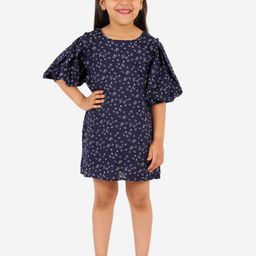 KidsDew Navy Blue & White Floral A-Line Dress-image-0