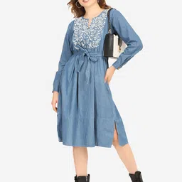 SUMAVI-FASHION Ethnic Motifs Embroidered Tie Ups Organic Cotton A Line Dress-image-50