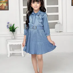 Tiny Baby Girls Striped Tie-Up Neck Gathered Detailed Satin Fit & Flare Dress With Belt-picture-8