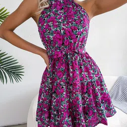 StyleCast Floral Printed Halter Neck Chiffon Fit & Flare Dress-image-52