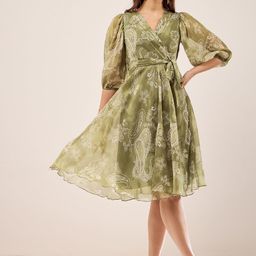 Antheaa Olive Green Floral Printed V-Neck Puff Sleeve Chiffon Wrap Dress-picture-27