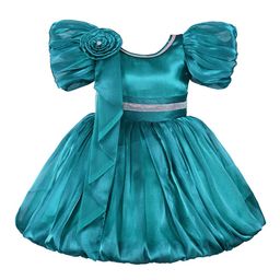 Wish Karo Girls Round Neck Puff Sleeve Embellished Silk Fit & Flare Dress-image-42