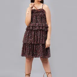Antheaa Girls Black And White Floral Printed Shoulder Straps Layered Fit & Flare Dress-image-0