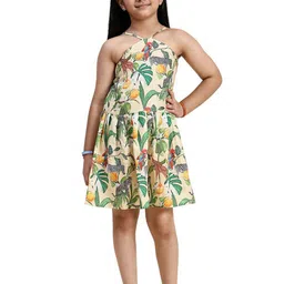 BAESD Girls Tropical Printed Halter Neck Linen Fit & Flare Dress-image-10