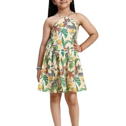 BAESD Infant Girls Tropical Printed Halter Neck Linen Fit & Flare Dress-24