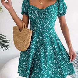 StyleCast Green Floral Printed Sweetheart Neck Puff Sleeve Chiffon Fit & Flare Dress-image-48