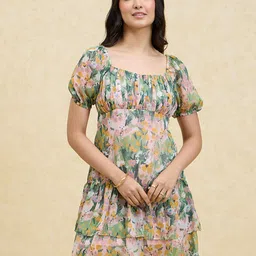 20Dresses Green Floral Printed Square Neck Gathered Detailed Fit & Flare Dress-image-51