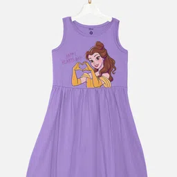 YK Disney Girls Purple Beauty & The Beast Printed Cotton Fit & Flare Sleeveless Dress-image-23