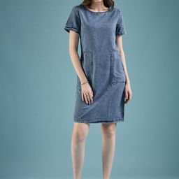 DressBerry Blue Short Sleeves Pocket Detailing Straight Denim A-Line Dress-image-126
