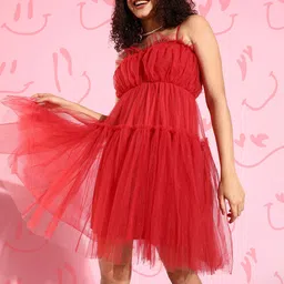 KASSUALLY Women Attractive Red Solid Tulle Dress-image-5