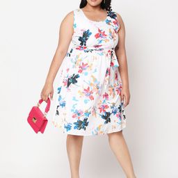 Curves by MISH White Plus Size Floral Printed Dress-image-32