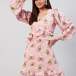 RARE Peach-Coloured Floral Ruffled Crepe Dress-image-10