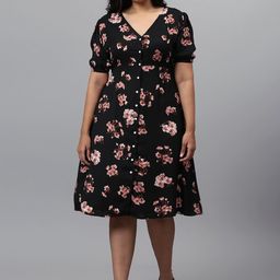 Instafab Plus Women Black & Peach Colored Floral V-neck A-Line Dress-picture-10