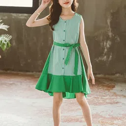 StyleCast Girls Green Round Neck Striped Cotton A-Line Dress-8