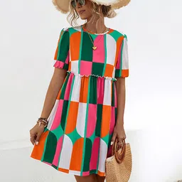StyleCast x Revolte Checked Round Neck Short Sleeves Layered A-Line Dress-33