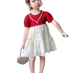 StyleCast x Revolte Girls Red & White Colourblocked Layered A-Line Dress-image-84