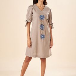 AKKRITI BY PANTALOONS Floral Embroidered V-Neck Puff Sleeves Cotton A-Line Dress-picture-6