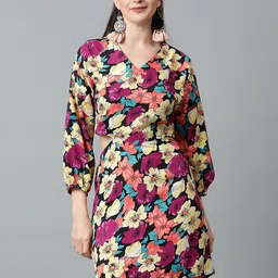Kotty Floral Printed Cuffed Sleeves Wrap Dress-picture-53