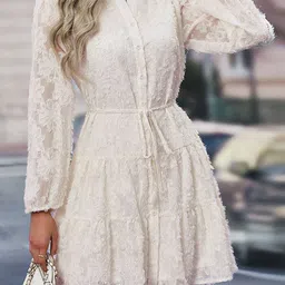 StyleCast White Floral Self Designed Cuffed Sleeves Fit & Flare Dress-image-27